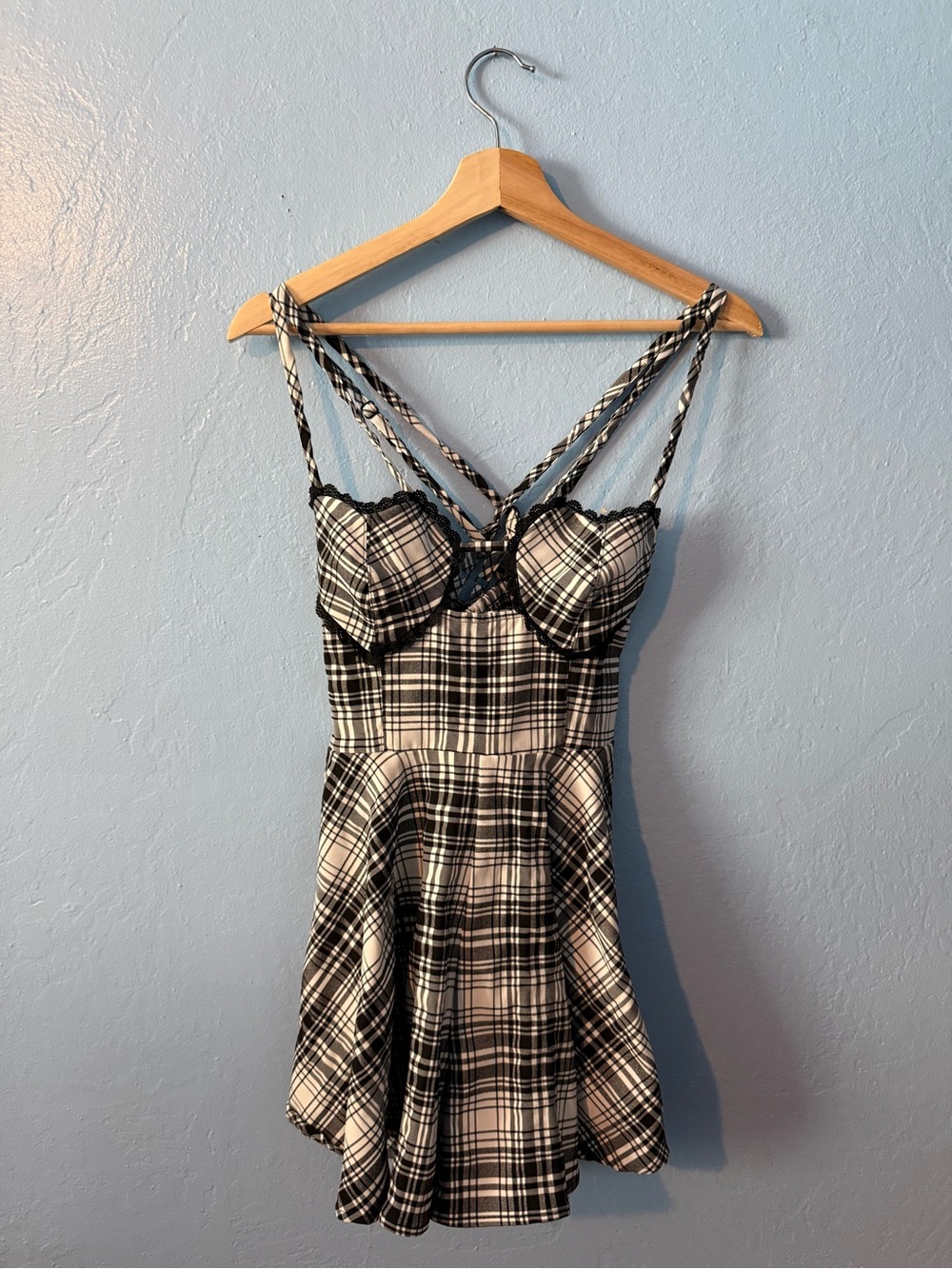 Urban Outfitters Black & White Plaid Lace-Trim Chemise Dress
